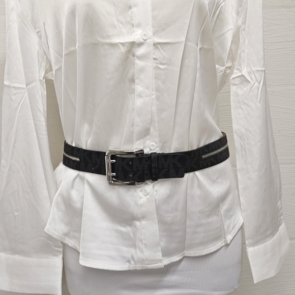 MICHAEL Michael Kors Black Monogram Zippered Belt Silver Tone Buckle Size Large - Picture 2 of 9